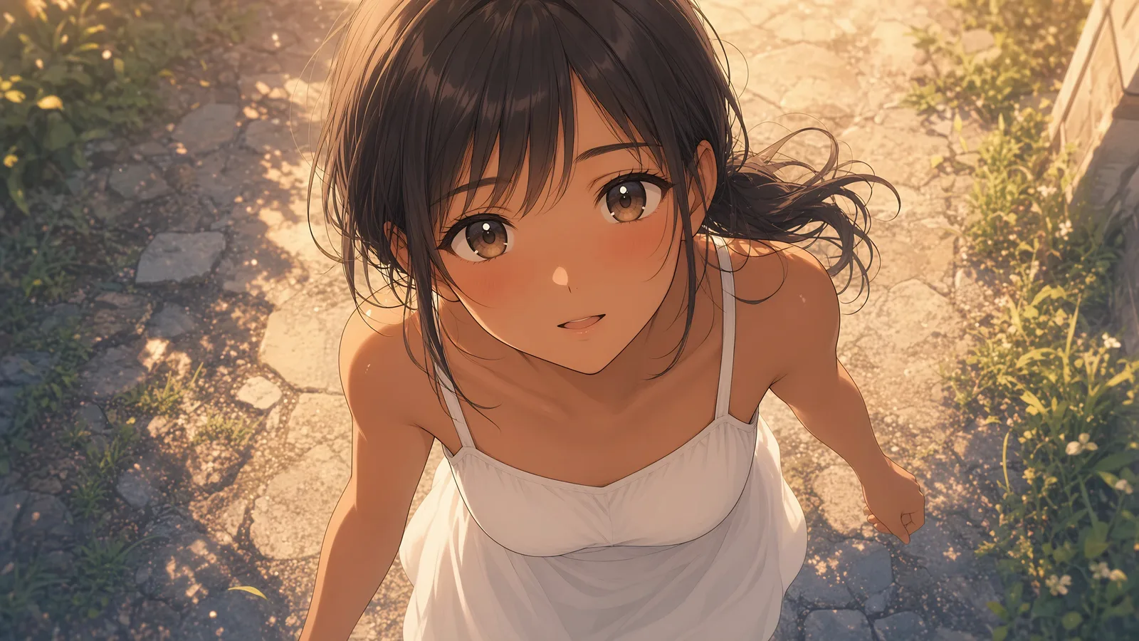 庭先でこちらを見上げて笑う夏帆