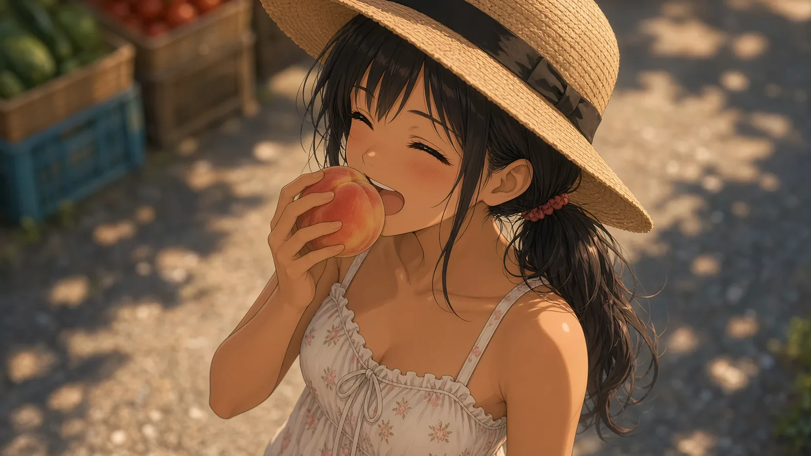 麦わら帽子をかぶり、桃をほおばる夏帆