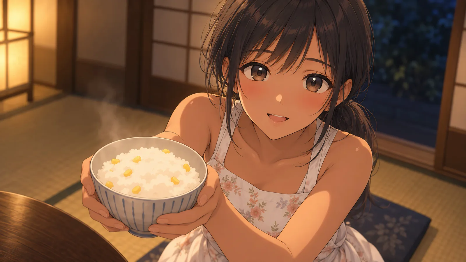 とうもろこしごはんを差し出す夏帆